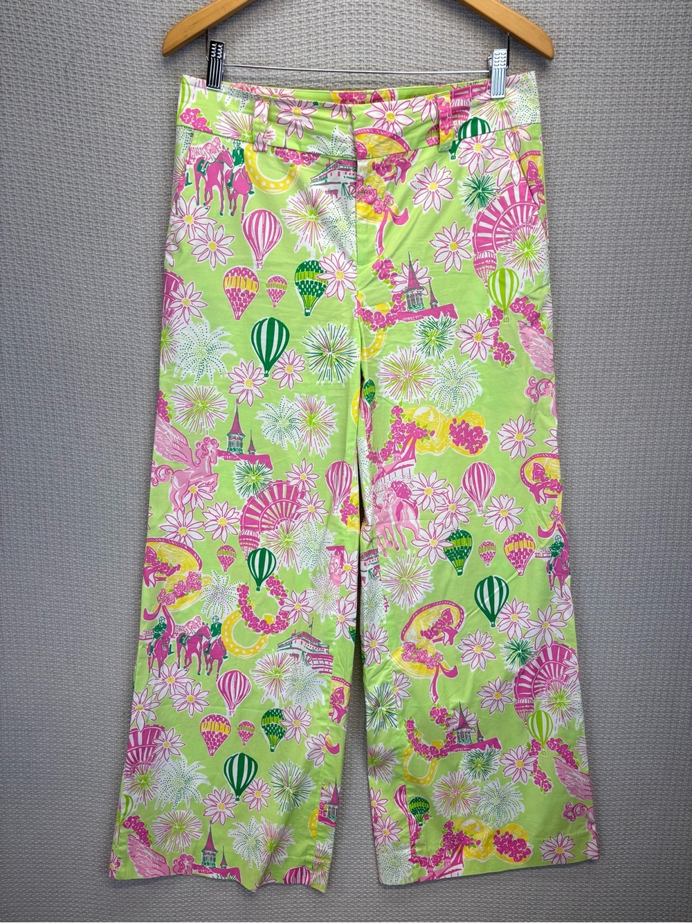 Vtg Lilly Pulitzer Pants Green Pink Hot Air Balloon Floral Wide Leg Floral Sz 10